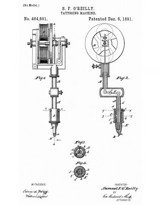1891 Tattooing Machine US Patent Art Print Gun Needle Tattoo Artwork O ' Reilly 2