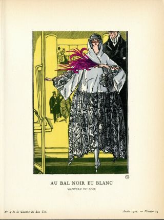 1921 Gazette Du Bon Ton Pochoir Fashion Print Au Bal Noir Et Blanc Simeon