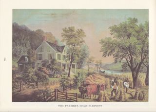 1974 Vintage Currier & Ives Farm Life " Farmers Home At Harvest " Color Lithograph
