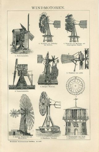 1895 Windmill Wind Motors Weathercock Antique Engraving Print