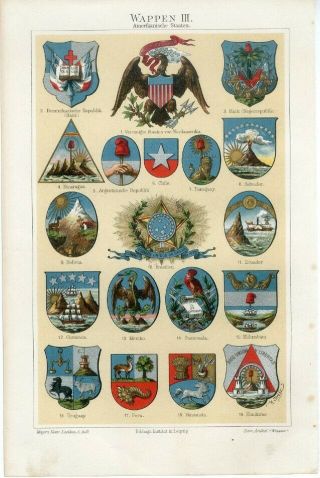 1895 America Usa Chile Brazil Argentina Haiti Bolivia Peru Mexico Arms Print