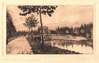Antique Sepia Etching " Canal Bridge At Lagerdorf " Germany - Signed By Artist