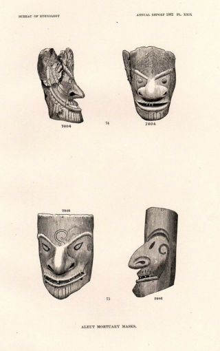 Antique Art Print 1884 Ethnology Aleutian Death Mask Aleut Indian Delaroff Alask