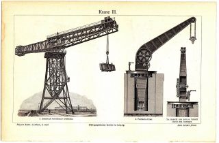 1894 Old Machines Crane Antique Engraving Lithograph Print