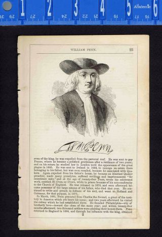 William Penn Of Pennsylvania - 1855 Page W/ Engraved Portrait