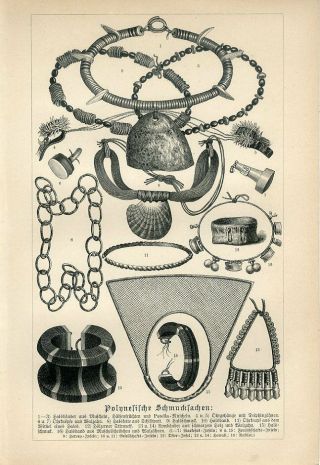 1887 Oceania Polynesia Jewelry Sea Shell Antique Engraving Print Ratzel