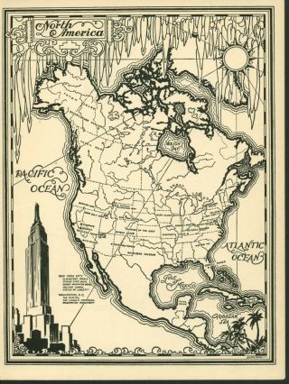 1933 Map North America Vintage Pen Ink Travel Illustration Minute Wonders Print