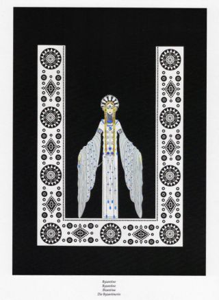Erte Art Deco Book Print " Byzantine " Gowned Lady In White Surrounded By Symbols
