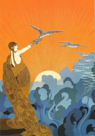 Classic Erte Art Deco Book Print " Wings Of Victory " Gowned Woman With Falcon