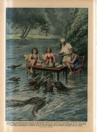 1931 Ladies Of Los Angeles,  California,  Usa Lunch In A Pond Of Crocodiles Print