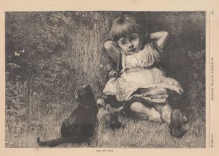 Little Girl Sitting Under Shady Tree With Beloved Pet Cat Antique Art Print 1881