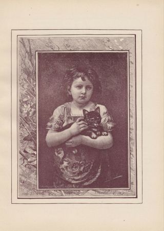 Little Girl Holding Her Beloved Pet Cat Animals Feline Pets Antique Print 1890