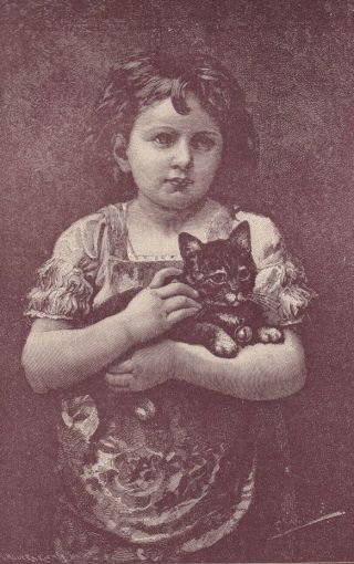 LITTLE GIRL HOLDING HER BELOVED PET CAT ANIMALS FELINE PETS ANTIQUE PRINT 1890 2
