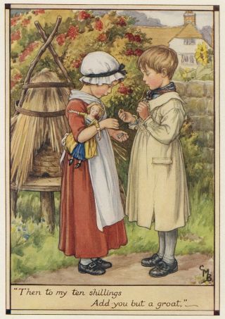 Cicely Mary Barker Children In Garden By Straw Beehive 1932 Vintage Color Print