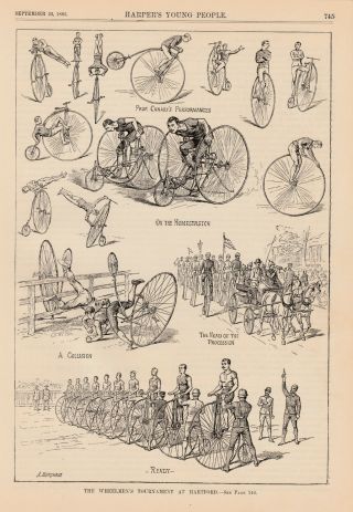 Velocipede Bicycle Racers High Wheel Bicycle Race Antique Art Print 1885