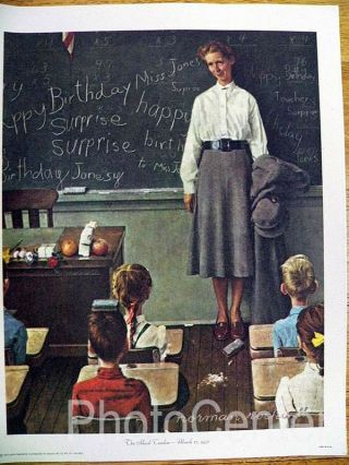 Vintage Art Norman Rockwell Lithograph On Canvas " The School Teacher "