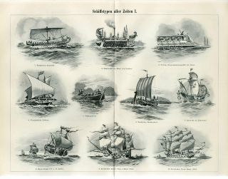 1895 Ancient Ships Types Old Sailing Ships Antique Engraving Print