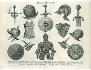 1895 Medieval Weapons Swords Armour Helmet Antique Engraving Print