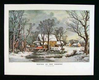 Currier & Ives Print - Winter In The Country Old Grist Mill - Snow Horse Sleigh