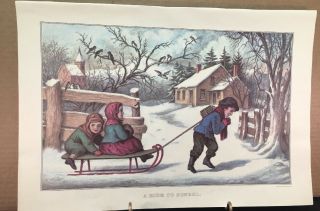 Currier And Ives Calendar Print A Ride To School 1977 16 " X11 " Sled Winter Child