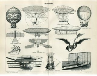 1895 Old Airships Hot - Air Balloons Phillips Korb Maxim Antique Engraving Print