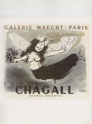 1989 Vintage " Chagall Galerie Maeght Paris " Mourlot Mini Poster Color Lithograph