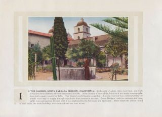 California Santa Barbara Mission Garden,  1914 Antique Fred Harvey Illustration