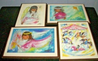 De Grazia Set Of 4 Small Pictures On Wood Plaques Colorful 5 " X 7 " Children