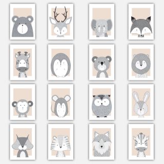 Art Print Forest Animal Sketch Picture Poster Beige & Grey Nursery Baby Wall