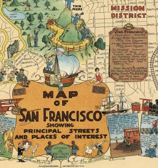 Early Whimsical Map of San Francisco California Poster Print Wall Decor Vintage 2