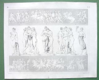 Nude Sculpture Art Canova Thrre Graces Venus Etc - Antique Print Engraving