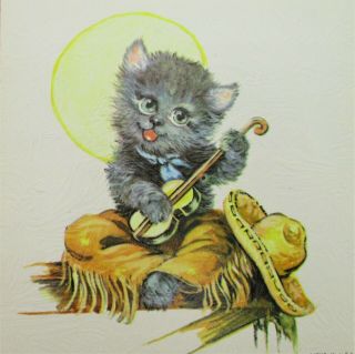 Vintage Western Kitty Cat Playing Guitar Dac Litho Art 4x4 Textured Print