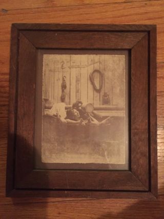 Vintage R.  Hendrickson Sepia Art Print Man & Woman Bathing In Tub Wood Fram