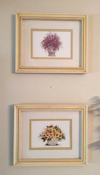 2 Vintage Framed Botanical Floral Art Prints,  Wood Frame W/ Gold Detail