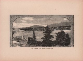 Bar Harbor & Mount Desert,  Maine,  Antique Engraving,  1890