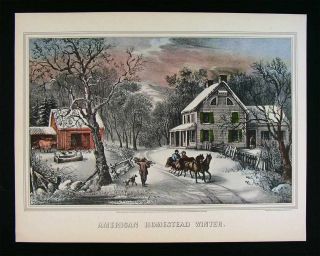 Currier & Ives Print - American Homestead In Winter - Horse Drawn Sleigh Farm