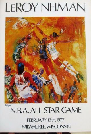 Leroy Neiman Le D Bookplate " Nba All - Star Game " Dr J Kareem Reed Basketball Art
