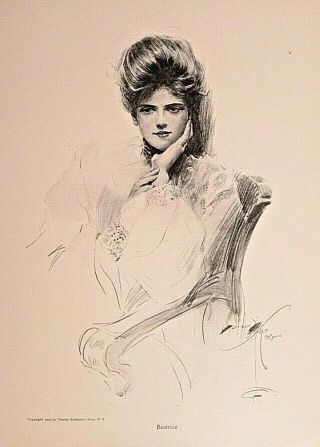 Harrison Fisher,  Pretty Lady,  Beatrice,  Portrait Vintage 1907 Antique Art Print