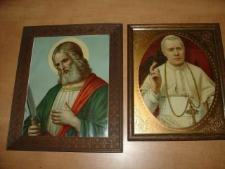 2 Vintage Antique Religious Print Under Glass W/ Ornate Picture Frame