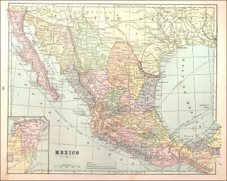 Mexico,  Antique Color Map,  1890