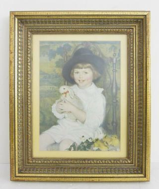Vintage 1970s Lithograph Print Of Girl W/ Bunny & Baby Ducks In Gilt Frame 13x16
