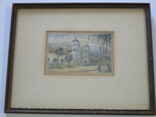 Antique Early California Landscape Mission Etching Hand Colored Painting Old