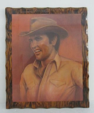 Elvis Presley Vintage 1970s Lithograph On Lacquered Wood Wall Plaque 18x23