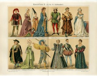 1895 Costume Medieval 15/16 Century Male Female Antique Chromolithograph Print