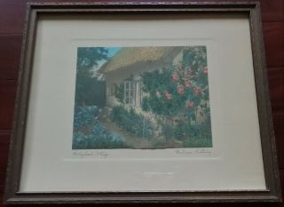 Wallace Nutting Hand Tinted Print,  Framed,  Signed,  " Title " Hollyhock Cottage N/r