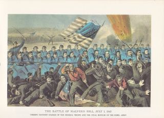 1974 Vintage Currier & Ives Civil War " Battle Of Malvern Hill " Color Lithograph