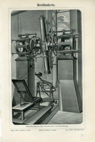 1894 Meridian Circle Telescope Astronomy Observatory Antique Engraving Print