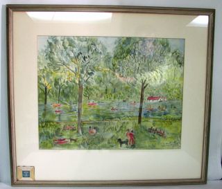 The Serpentine Hyde Park London Framed Watercolor Signed H.  Bazff.  Iost 1966