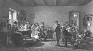 Old Small Town Village School House Classroom Kids 1854 Art Print Engraving