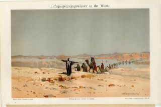 1895 Desert Mirage Camel Train Arab People Antiquechromolithograph Print Kuhnert